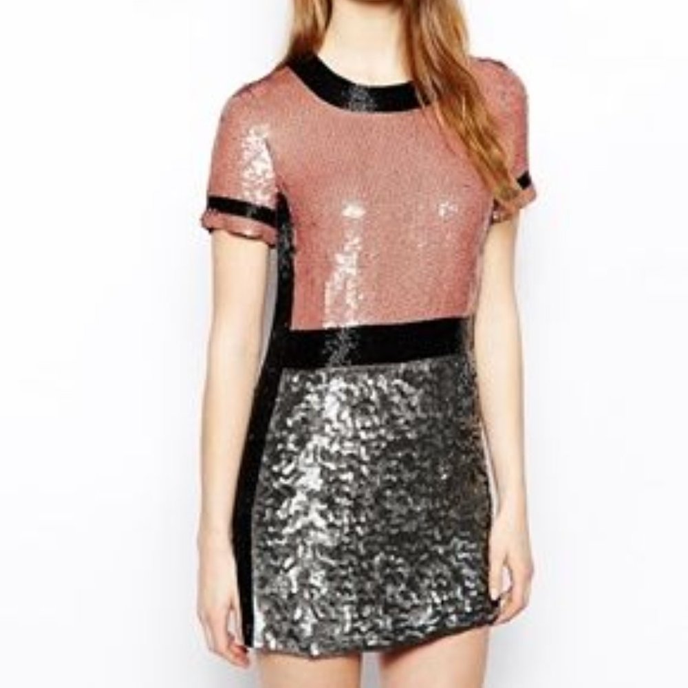 French Connection Pink Black & Silver Sequin Mini Cocktail Dress Size 12